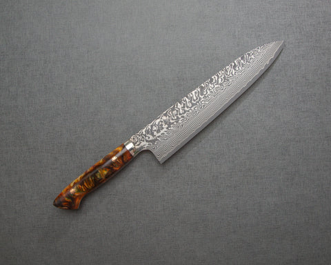 Yoshimi Kato R2/SG2 Black Damascus 240mm Gyuto with Polished Flowing Amber Acrylic Handle