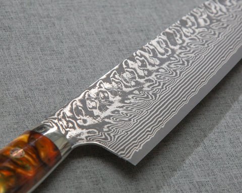 Yoshimi Kato R2/SG2 Black Damascus 240mm Gyuto with Polished Flowing Amber Acrylic Handle