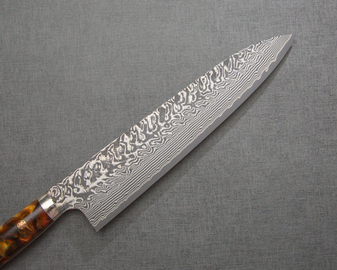 Yoshimi Kato R2/SG2 Black Damascus 240mm Gyuto with Polished Flowing Amber Acrylic Handle