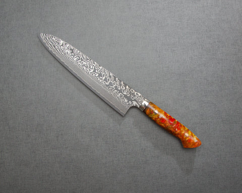Yoshimi Kato R2/SG2 Black Damascus 240mm Gyuto with Polished Flowing Amber Acrylic Handle
