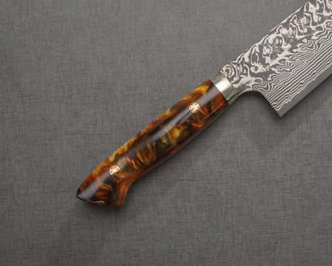 Yoshimi Kato R2/SG2 Black Damascus 240mm Gyuto with Polished Flowing Amber Acrylic Handle