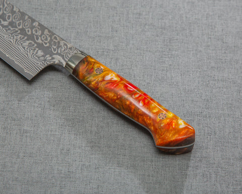 Yoshimi Kato R2/SG2 Black Damascus 240mm Gyuto with Polished Flowing Amber Acrylic Handle