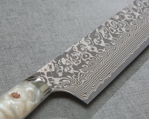 Yoshimi Kato R2/SG2 Black Damascus 240mm Gyuto with Polished White Nacre Acrylic Handle