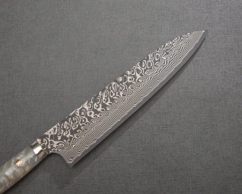 Yoshimi Kato R2/SG2 Black Damascus 240mm Gyuto with Polished White Nacre Acrylic Handle