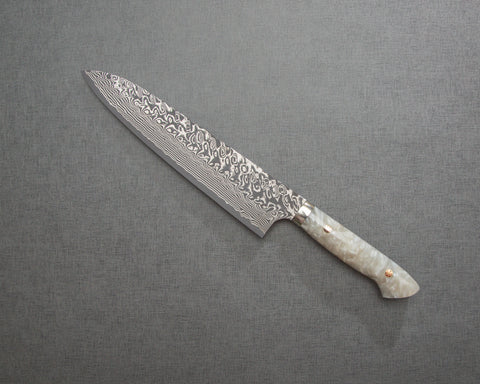 Yoshimi Kato R2/SG2 Black Damascus 240mm Gyuto with Polished White Nacre Acrylic Handle
