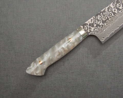Yoshimi Kato R2/SG2 Black Damascus 240mm Gyuto with Polished White Nacre Acrylic Handle