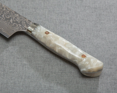 Yoshimi Kato R2/SG2 Black Damascus 240mm Gyuto with Polished White Nacre Acrylic Handle
