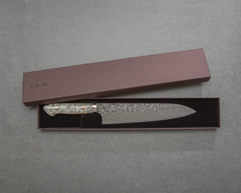 Yoshimi Kato R2/SG2 Black Damascus 240mm Gyuto with Polished White Nacre Acrylic Handle