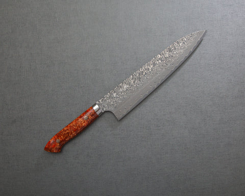 Yoshimi Kato R2/SG2 Black Damascus 240mm Gyuto with Polished Mystic Orange Acrylic Handle