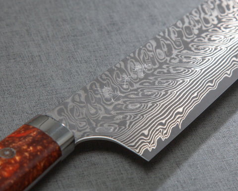 Yoshimi Kato R2/SG2 Black Damascus 240mm Gyuto with Polished Mystic Orange Acrylic Handle