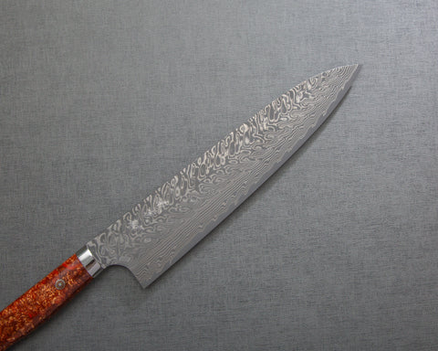 Yoshimi Kato R2/SG2 Black Damascus 240mm Gyuto with Polished Mystic Orange Acrylic Handle