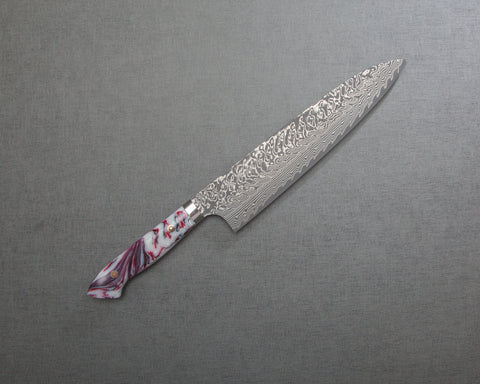 Yoshimi Kato R2/SG2 Black Damascus 240mm Gyuto with Polished Rhodonite Acrylic Handle