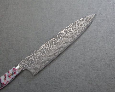 Yoshimi Kato R2/SG2 Black Damascus 240mm Gyuto with Polished Rhodonite Acrylic Handle