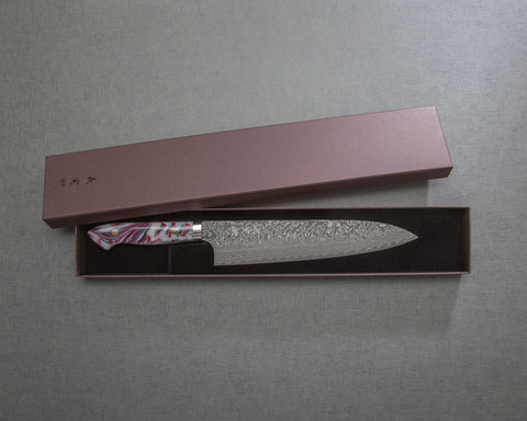 Yoshimi Kato R2/SG2 Black Damascus 240mm Gyuto with Polished Rhodonite Acrylic Handle