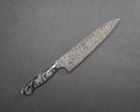 Yoshimi Kato R2/SG2 Black Damascus 240mm Gyuto with Polished Black & White Marble Acrylic Handle