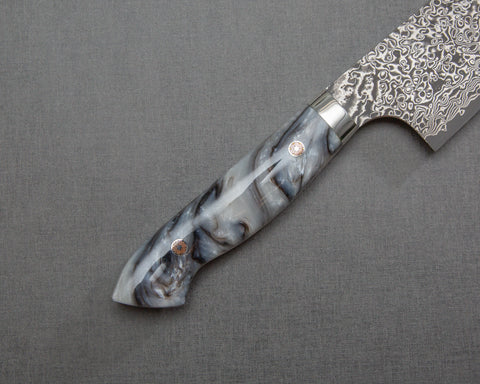 Yoshimi Kato R2/SG2 Black Damascus 240mm Gyuto with Polished Black & White Marble Acrylic Handle