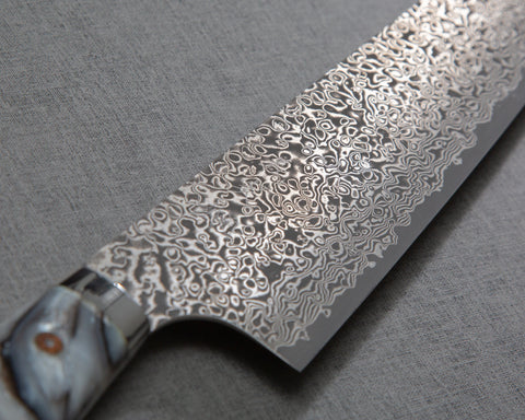Yoshimi Kato R2/SG2 Black Damascus 240mm Gyuto with Polished Black & White Marble Acrylic Handle