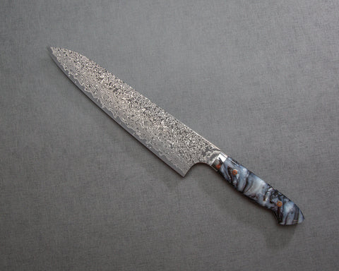 Yoshimi Kato R2/SG2 Black Damascus 240mm Gyuto with Polished Black & White Marble Acrylic Handle