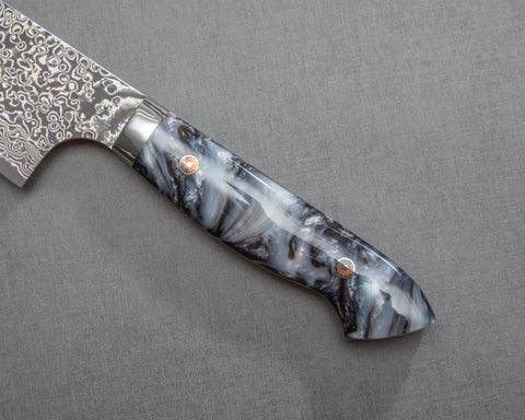Yoshimi Kato R2/SG2 Black Damascus 240mm Gyuto with Polished Black & White Marble Acrylic Handle