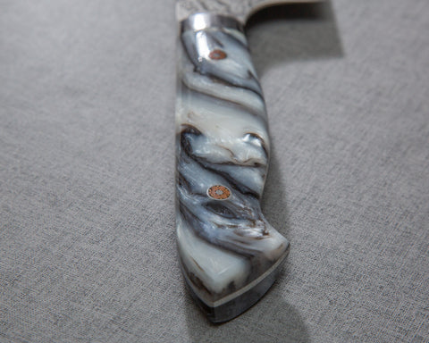 Yoshimi Kato R2/SG2 Black Damascus 240mm Gyuto with Polished Black & White Marble Acrylic Handle