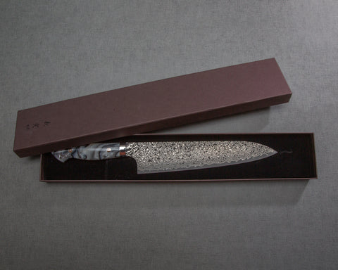 Yoshimi Kato R2/SG2 Black Damascus 240mm Gyuto with Polished Black & White Marble Acrylic Handle