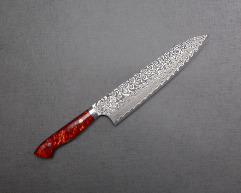 Yoshimi Kato R2/SG2 Black Damascus 240mm Gyuto with Polished Red Lava Acrylic Handle