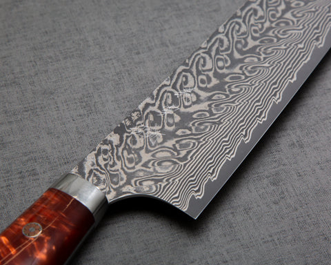 Yoshimi Kato R2/SG2 Black Damascus 240mm Gyuto with Polished Red Lava Acrylic Handle