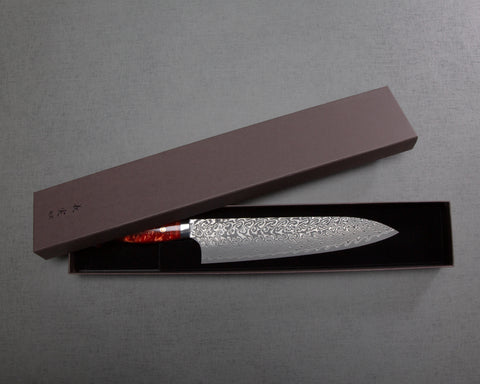 Yoshimi Kato R2/SG2 Black Damascus 240mm Gyuto with Polished Red Lava Acrylic Handle