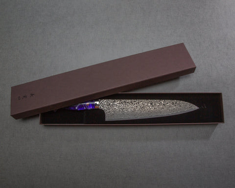 Yoshimi Kato R2/SG2 Black Damascus 240mm Gyuto with Polished Purple Marble Acrylic Handle