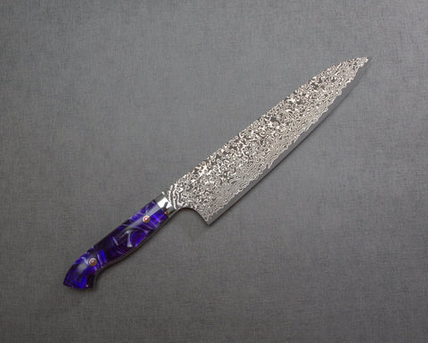 Yoshimi Kato R2/SG2 Black Damascus 240mm Gyuto with Polished Purple Marble Acrylic Handle