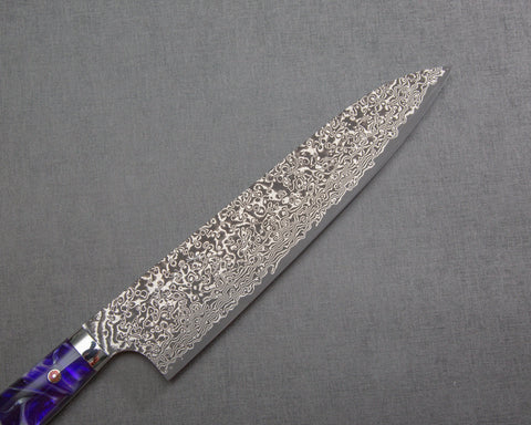 Yoshimi Kato R2/SG2 Black Damascus 240mm Gyuto with Polished Purple Marble Acrylic Handle