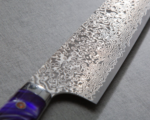 Yoshimi Kato R2/SG2 Black Damascus 240mm Gyuto with Polished Purple Marble Acrylic Handle