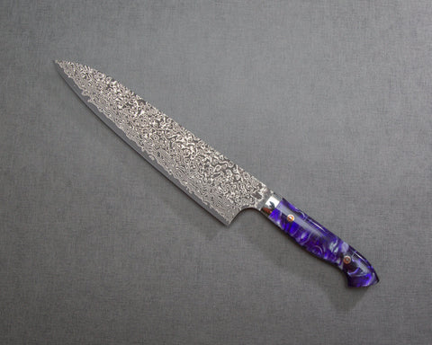 Yoshimi Kato R2/SG2 Black Damascus 240mm Gyuto with Polished Purple Marble Acrylic Handle