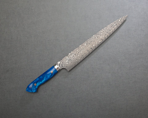 Yoshimi Kato R2/SG2 Black Damascus 270mm Sujihiki with Polished Ocean Blue Acrylic Handle