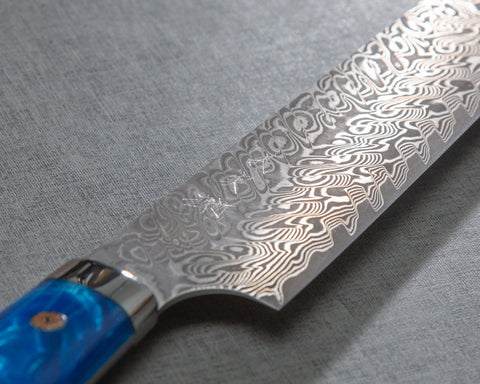 Yoshimi Kato R2/SG2 Black Damascus 270mm Sujihiki with Polished Ocean Blue Acrylic Handle