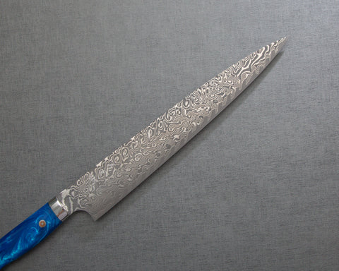Yoshimi Kato R2/SG2 Black Damascus 270mm Sujihiki with Polished Ocean Blue Acrylic Handle