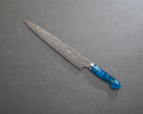 Yoshimi Kato R2/SG2 Black Damascus 270mm Sujihiki with Polished Ocean Blue Acrylic Handle