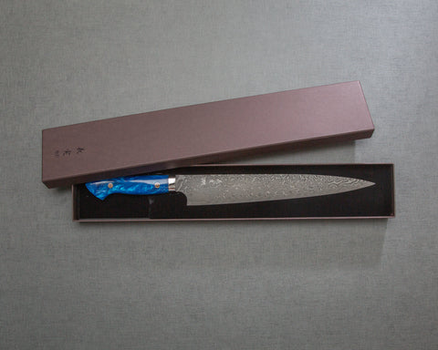 Yoshimi Kato R2/SG2 Black Damascus 270mm Sujihiki with Polished Ocean Blue Acrylic Handle
