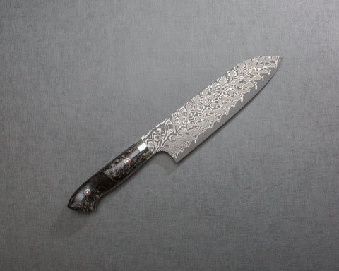 Yoshimi Kato R2/SG2 Black Damascus 180mm Santoku with Polished Black Emperador Acrylic Handle