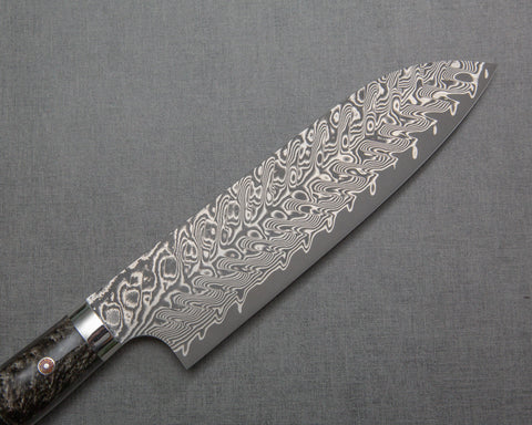 Yoshimi Kato R2/SG2 Black Damascus 180mm Santoku with Polished Black Emperador Acrylic Handle