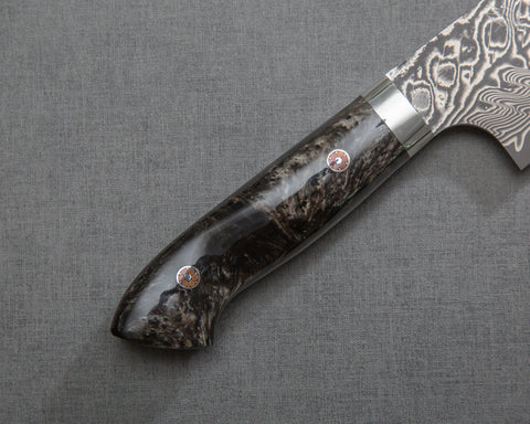 Yoshimi Kato R2/SG2 Black Damascus 180mm Santoku with Polished Black Emperador Acrylic Handle