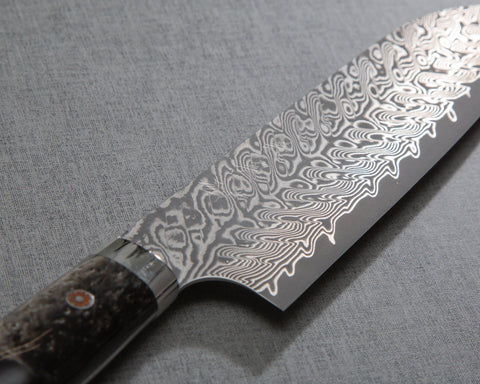 Yoshimi Kato R2/SG2 Black Damascus 180mm Santoku with Polished Black Emperador Acrylic Handle
