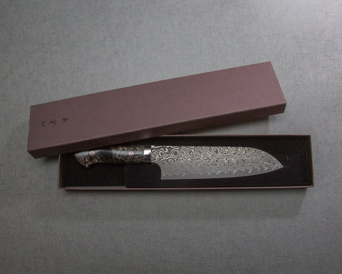 Yoshimi Kato R2/SG2 Black Damascus 180mm Santoku with Polished Black Emperador Acrylic Handle