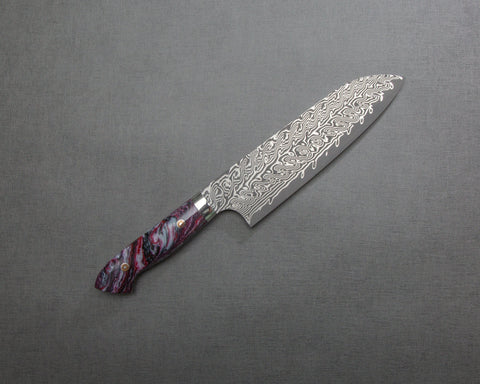 Yoshimi Kato R2/SG2 Black Damascus 180mm Santoku with Polished Nebula Marble Acrylic Handle