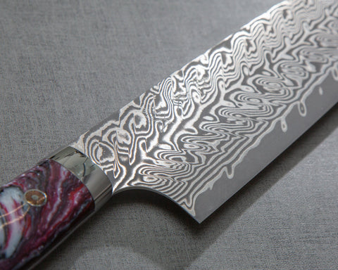 Yoshimi Kato R2/SG2 Black Damascus 180mm Santoku with Polished Nebula Marble Acrylic Handle