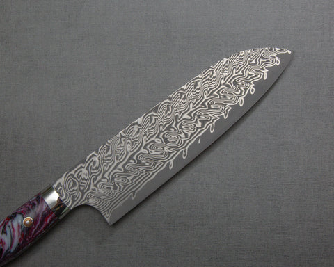 Yoshimi Kato R2/SG2 Black Damascus 180mm Santoku with Polished Nebula Marble Acrylic Handle