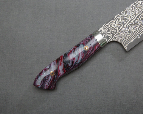 Yoshimi Kato R2/SG2 Black Damascus 180mm Santoku with Polished Nebula Marble Acrylic Handle