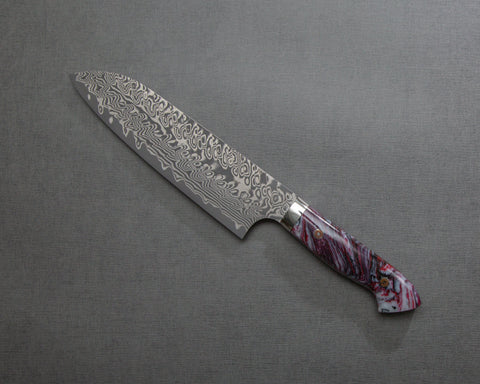 Yoshimi Kato R2/SG2 Black Damascus 180mm Santoku with Polished Nebula Marble Acrylic Handle