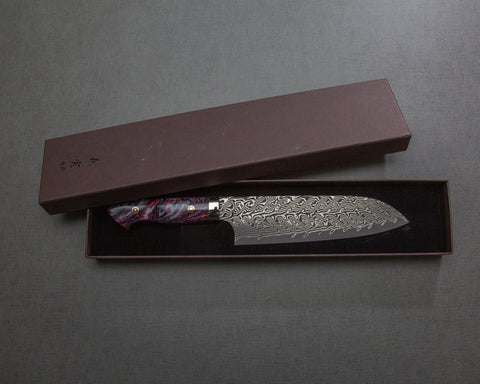 Yoshimi Kato R2/SG2 Black Damascus 180mm Santoku with Polished Nebula Marble Acrylic Handle