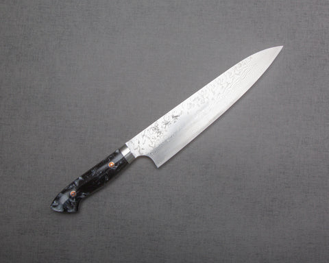 Yoshimi Kato R2/SG2 Diamond Damascus 210mm Gyuto with Polished Black & White Acrylic Handle